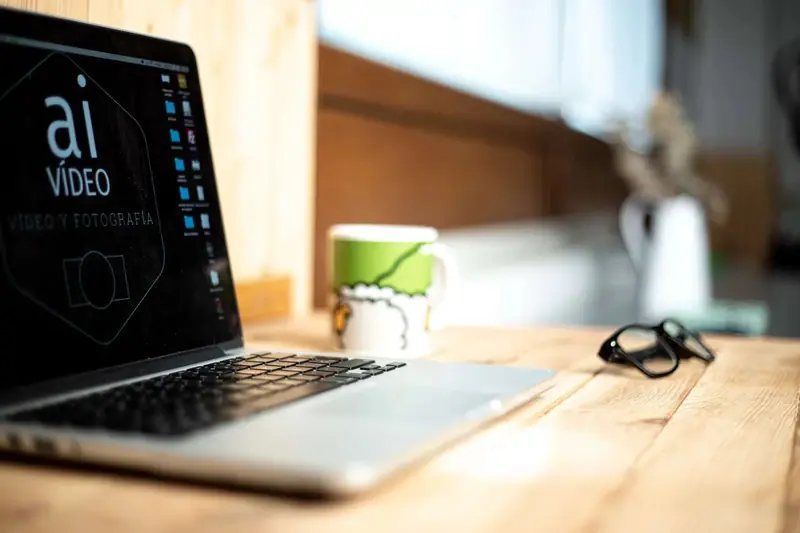 Table de travail du studio d’aiVídeo avec ordinateur portable et tasse