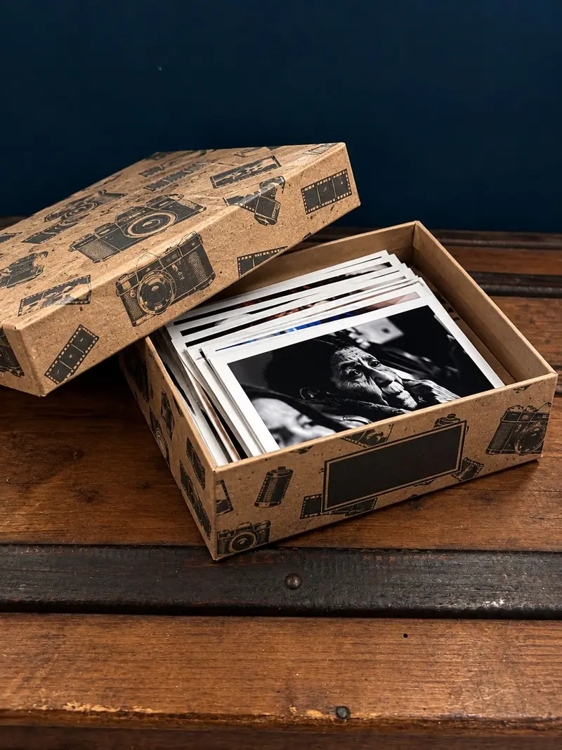 Boîte en carton remplie de photos imprimées