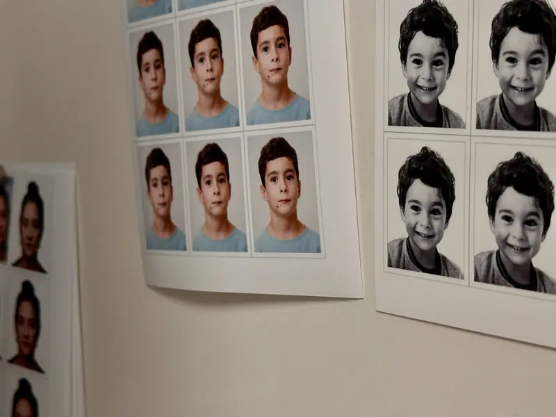 Planches de photos d’identité en couleur et en noir et blanc accrochées au mur